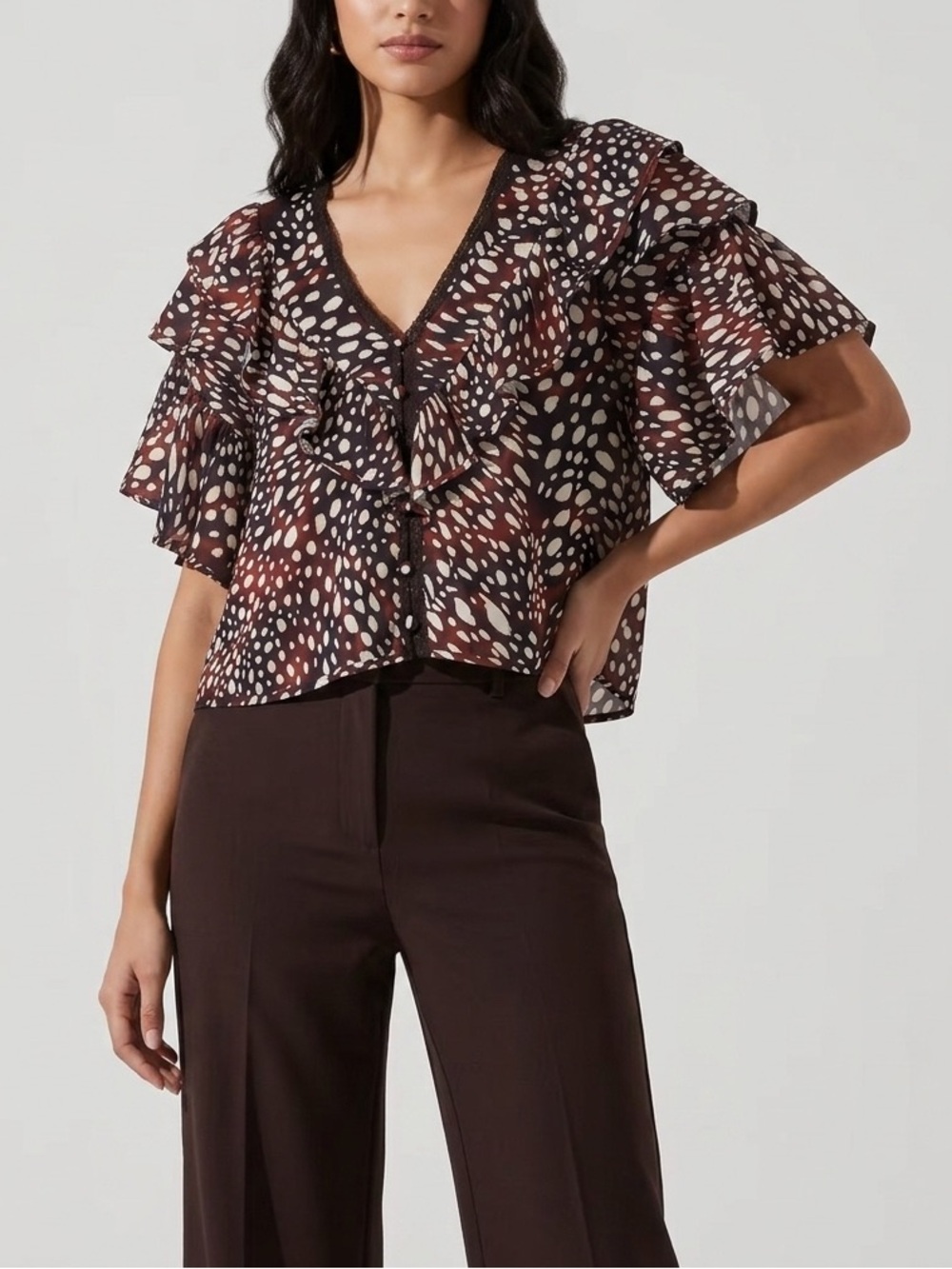 Avec Les Filles Ruffled V-Neck Printed Blouse